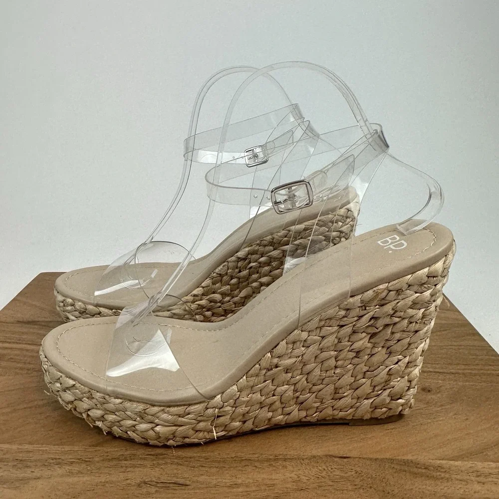 Womens BP Nordstrom Ginny Clear‎ Beige Strappy Espadrille Wedge Sandals Size 9.5